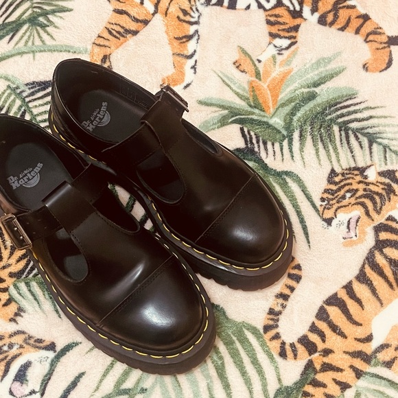 Dr. Martens Shoes - Dr. Martens Black T-Bar Shoes with Yellow Stitching